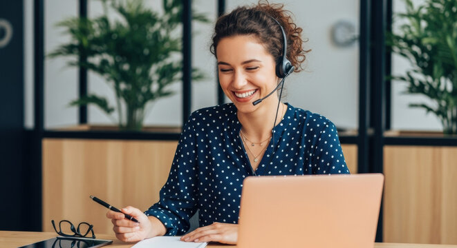 A cheerful woman with curly hair wearing a headset is working at a laptop on a wooden desk in a modern office with natural light and green plants.