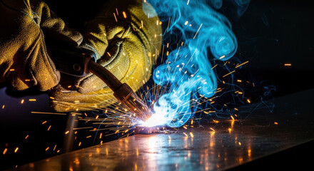 Close up of welder working on metal in dark with blue smoke and protective gloves. Sparks illuminates the workshop. Welding process on steel.