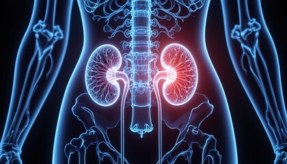 X-ray vision visualization highlights the anatomy of the human urinary system organs in the torso