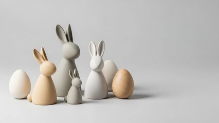 Collection of five ceramic Easter bunnies and eggs in neutral shades, arranged on a light grey surface.