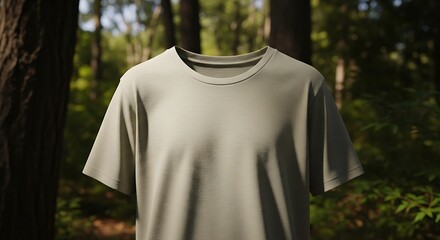 A plain, light green t-shirt is displayed outdoors in a lush forest setting, showcasing its simple design and natural backdrop