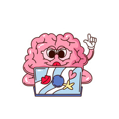 Smart brain character using laptop with stickers and raising finger up. Cute groovy cartoon doodle style. Outline vector illustration for sticker, work, study, or digital design.