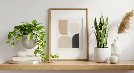 Fototapeta premium Stylish wooden shelf featuring lush green houseplants, a contemporary abstract artwork, and decorative elements, creating a clean, inviting, and minimalist home interior design