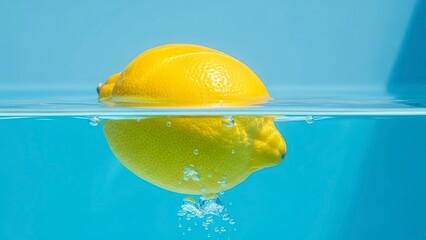 Fresh yellow lemon floating in clear blue water with reflection.