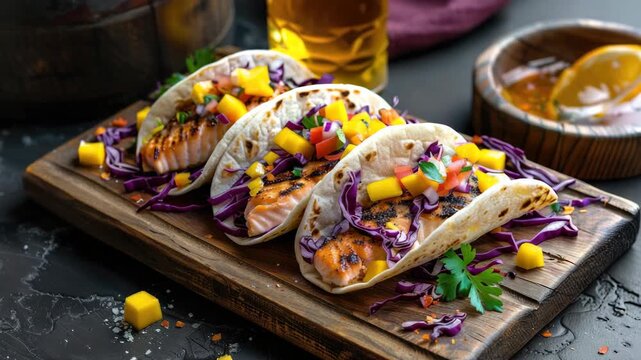Five mouthwatering smoked salmon tacos topped with avocado slices, pineapple chunks, and cilantro on a rustic wooden cutting board. A feast for your eyes and palate!