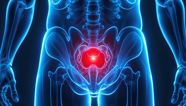 Human pelvic structure illuminated with internal pain localized in the lower back area