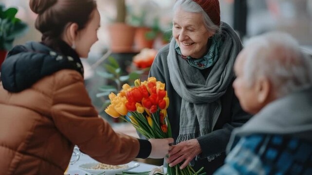 A heartwarming scene of intergenerational exchange where an older woman is gratefully receiving a bouquet of red and yellow flowers from a younger woman.