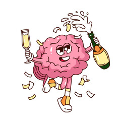 Cheerful brain celebrating with champagne bottle and glass, symbolizing party mood and alcohol influence. Groovy cartoon doodle sticker of brain and drinking concept, outline vector illustration.