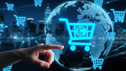 Blockchain based technology business digital software development network security background globe shopping cart icon and hand gesture indicating e commerce innovation and trust - Powered by Adobe