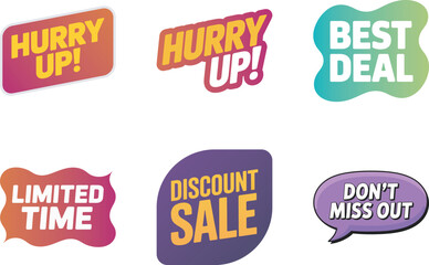 Collection of colorful promotional offer stickers with text like hurry up and best deal