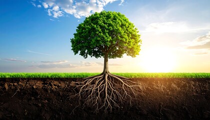 Obraz premium A vibrant, detailed illustration shows a mature tree with its roots exposed in a cross-section, under a vivid blue sky and sunny horizon