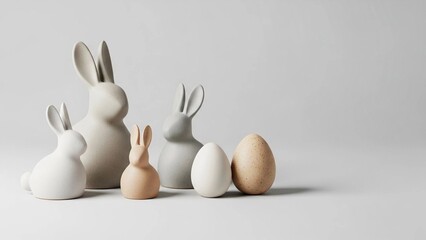 Minimalist Easter arrangement featuring four stylized ceramic rabbits and two eggs in earth tones with copy space.