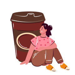 Huge coffee cup used as resting spot for smiling woman in simple cartoon doodle style with warm cozy vibe. Vector illustration highlighting an oversized coffee cup as playful big coffee mug accent.