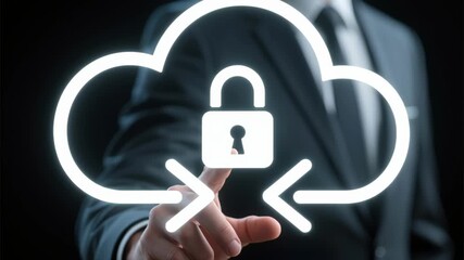 Cloud security lock network business digital software development based blockchain background secure cloud icon protected data access businessman gesture expressing confidence technology