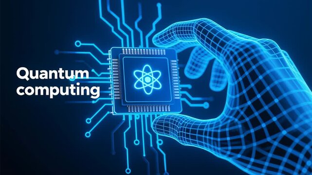 Blockchain based technology business digital software development network security background glowing microchip held by wireframe hand illustrating innovation and connectivity quantum computing