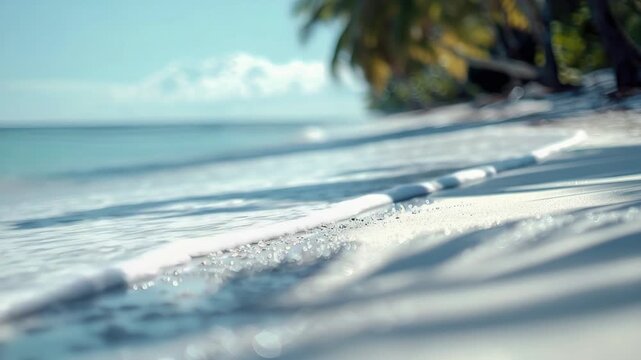 A serene beach setting at dawn or dusk with palm trees silhouetted against the sky and gentle waves lapping the shore. Ideal for travel, nature, relaxation, and lifestyle ry.