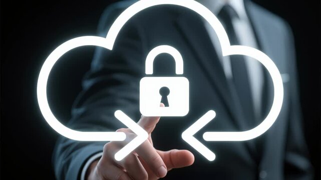 Cloud security lock network business digital software development based blockchain background secure cloud icon protected data access businessman gesture expressing confidence technology