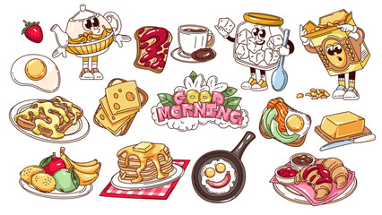Groovy breakfast food mascot set with pancakes, waffles, toast, croissant, tea, coffee, fruit, eggs and cereal in cute cartoon outline style. Colorful morning elements, detailed vector illustration.