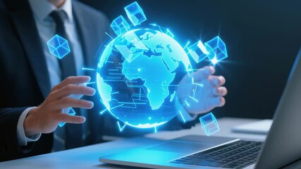 Businessman gestures toward glowing holographic globe with floating cube representing blockchain based technology business digital software development network security background office scene block - Powered by Adobe