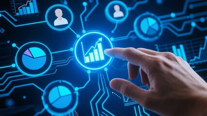 Blockchain based technology business digital software development network security background futuristic dashboard analytics connected user icons hand interacting with data glowing charts growth - Powered by Adobe
