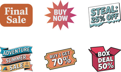 A set of colorful promotional labels for final sales, special deals, and summer discounts