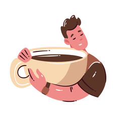 Huge coffee cup hugged by relaxed man in simple cartoon doodle style with warm cozy vibe. Vector illustration showing an oversized coffee cup repeated as playful big coffee mug accent.