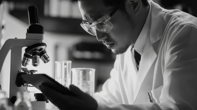 A scientist wearing a lab coat and safety goggles, working at a microscope surrounded by laboratory equipment.