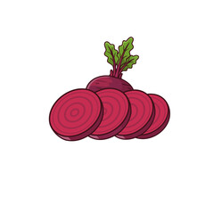 Flat vector illustration of whole and sliced beetroot, isolated on a pure white background, representing fresh vegetables, healthy ingredients, and agricultural food products.