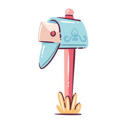 Mail delivery mailbox with open envelope, postal communication concept, receiving letters and parcels, shipping notification symbol, flat cartoon doodle style, vector illustration