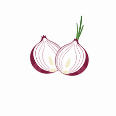 Flat vector illustration of sliced onion bulbs, isolated on a pure white background, symbolizing cooking ingredients, fresh vegetables, and essential kitchen produce.