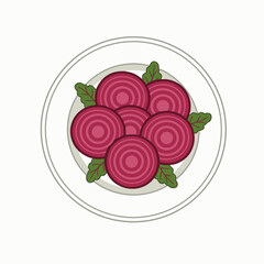 Flat vector illustration of sliced beetroot served on a plate, isolated on a pure white background, representing healthy food dishes, vegetarian meals, and fresh cuisine concepts.