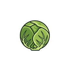 Flat vector illustration of a whole green cabbage, isolated on a pure white background, representing fresh vegetables, healthy food ingredients, and agricultural produce concepts.