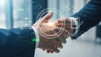 Procurement digital interface with handshake icon on Closeup Businessman Hand, symbolizing contract agreement, document workflow, and smart business solutions in modern supply chain systems