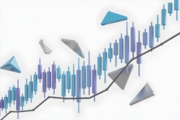 A stylized digital rendering of a rising stock market chart with floating geometric shapes
