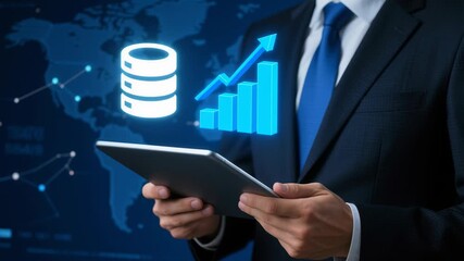 Business professional holding tablet with blockchain based technology digital software development network security background showing database data analytics graph growth network - Powered by Adobe