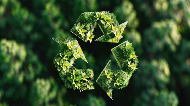 The recycling symbol harmoniously melded with a lush green plant background, representing sustainability and nature's role in the process of recycling.