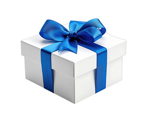 Obraz premium A white gift box with a striking blue ribbon bow, isolated on a black background
