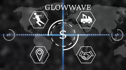 glowwave Futuristic global business finance HUD interface with dollar sign in center, world map background and line icons for logistics, partnership, location and activity. Digital economy, - Powered by Adobe