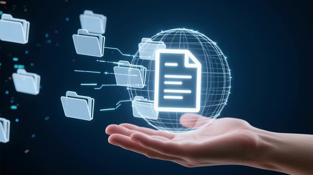 Digital file document glowing hand with blockchain based technology business digital software development network security cloud secure data sharing and storage globe transfer conveying secure file