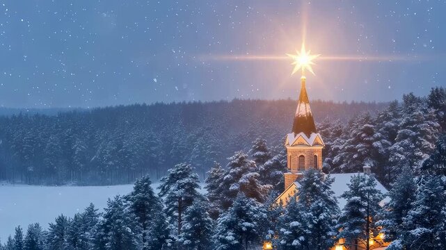Winter starry night sky with falling snow over a religious building surrounded by a snowy forest, an epiphany concept