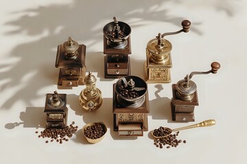 Nostalgic Coffee Grinders: Cropped, Vintage, Minimalist Arrangement