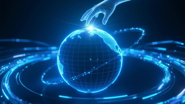 Blockchain based technology business digital software development network security background globe glowing fingertip touching data grid hologram fingertip creating futuristic connection