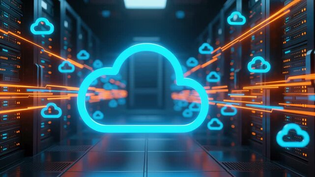 Cloud network security background blockchain based technology business digital software development secure data center glowing cloud icon streaming connection futuristic server room scalable