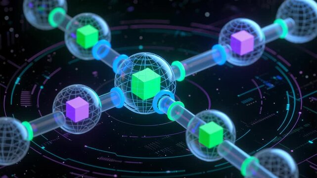 Blockchain based technology business digital software development network security background glowing cubes connected by nodes futuristic circuit conveying secure distributed ledger