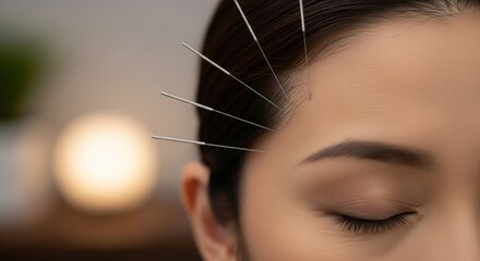 Woman Receiving Acupuncture Treatment on Face.