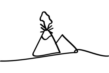 Illustration of a continuous line design on an erupting volcano icon. An interesting abstract line art design.