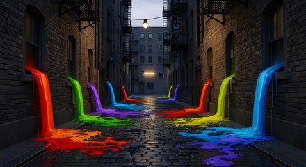 Colorful streams of liquid flowing down an alleyway, vibrant art.