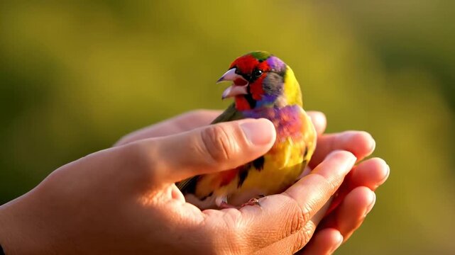 Close Up of a Colorful Gouldian Finch Bird Perched Gently in Open Human Hands with Soft Golden Sunlight and a Blurred Green Background Outdoors