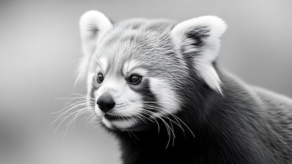 Close-up portrait of a charming red panda in monochrome, capturing its distinctive facial markings and alert gaze