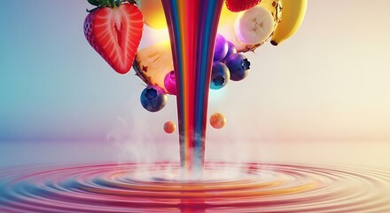 Obraz premium Vibrant Rainbow Stream of Fresh Fruits Cascading into Rippling Water, Creating a Colorful Splash